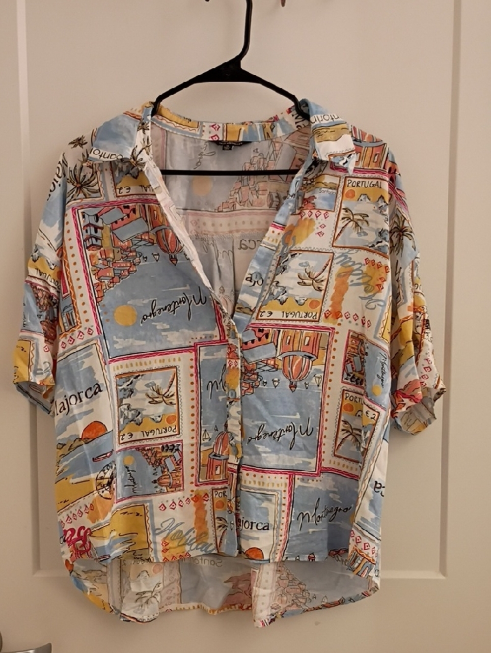 Unique Spectrum Short Sleeve Button-Down Shirt in Light Blue, Yellow, Red, White